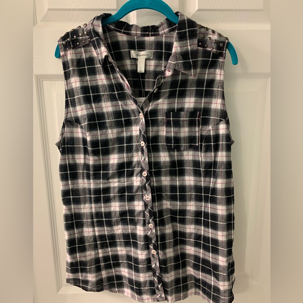 Black White Pink Plaid Sleeveless Button Blouse Studded Shoulder Size L NWT